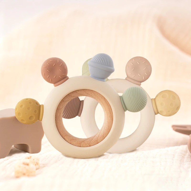 

2pcs Baby Teethers Wooden Ring Silicone Teething Toys for Newborn Gifts Easy to Grip Chewing Toy Babies Accessories BPA Free