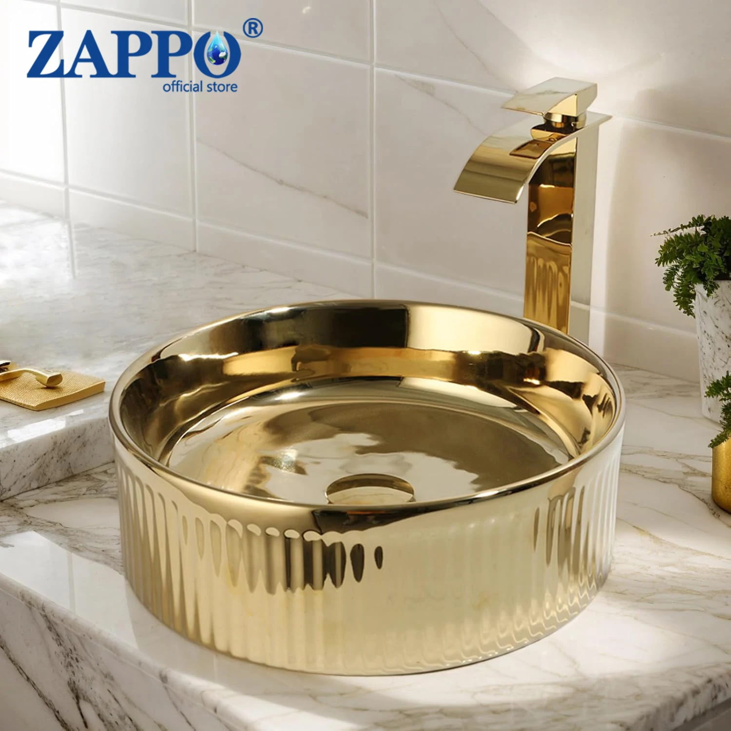 

ZAPPO раковина для ванной комнаты, 15-дюймовая золотая керамическая раковина сосуд с краном-водопадом, комбинированная над столешницей, круглые раковины для ванной комнаты