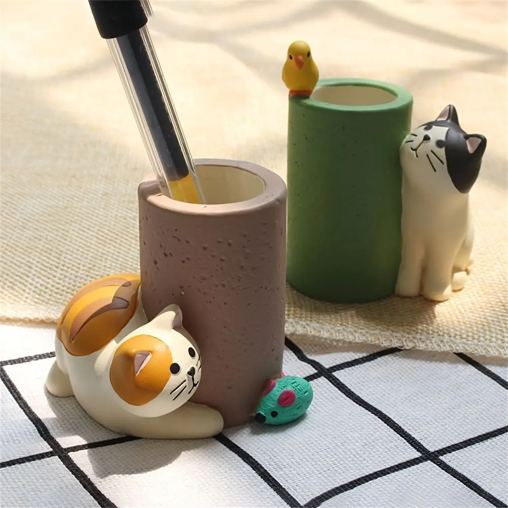 Cat Ornaments Desk Pen Holder Cute Cat And Mouse Resin Single Pencil Holder Small Desk Organizer Cosmetics Makeup Organizer