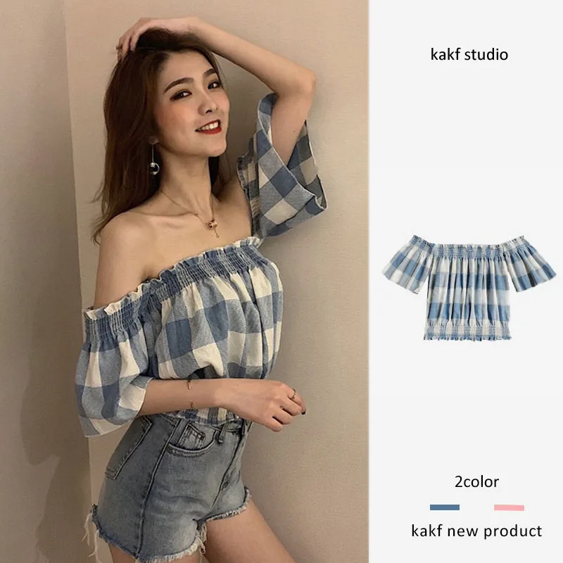 

Шикарное клетчатое оulder Bared Korean Sle Women's irt Summer Sexy ort Sve High Waist Bubble Sve