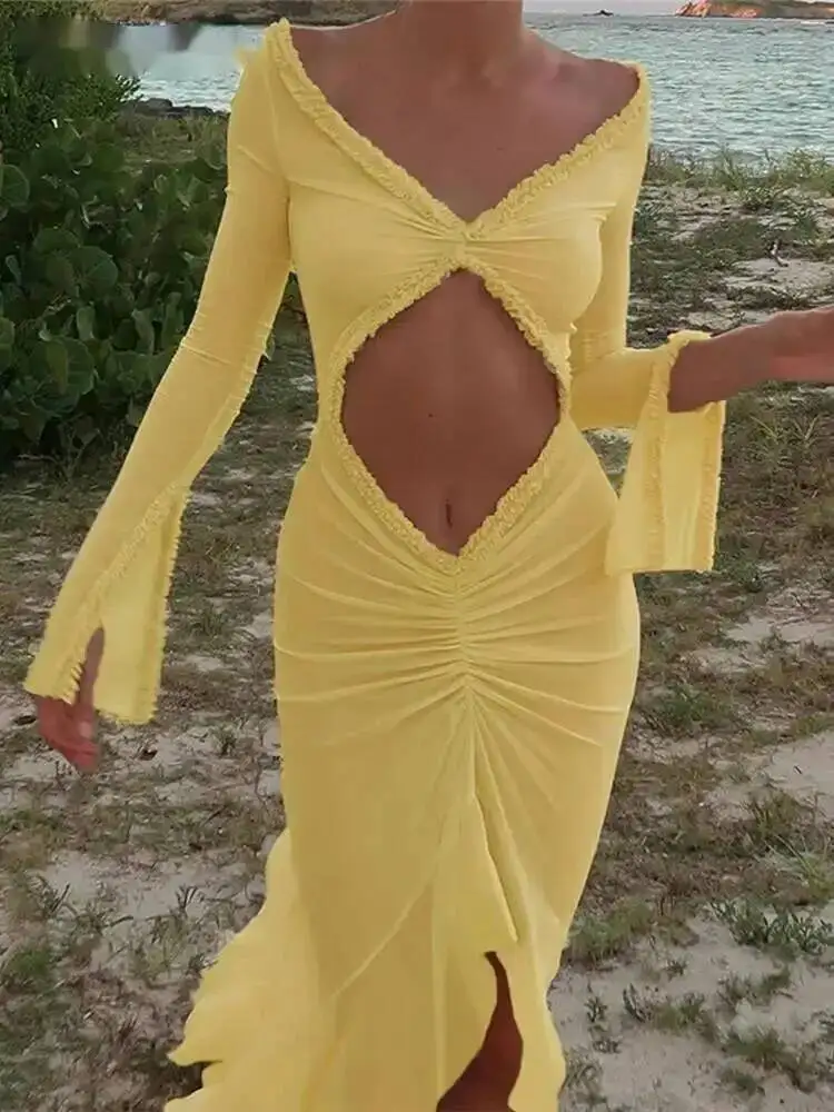Mesh Concise Kleid Frauen Klassische Urlaub Stil Langarm Cut Out Raffen Asymmetrische Robe Weibliche Elegante Kleidung
