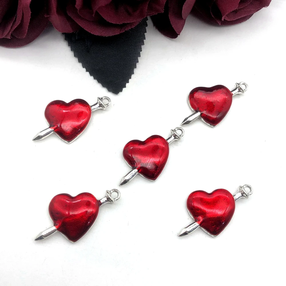 5pcs Diablo Gothic Jewelry Piercing Wounded Heart Red Oil Drop Handmade Accessories Punk Jewelry 38*21mm