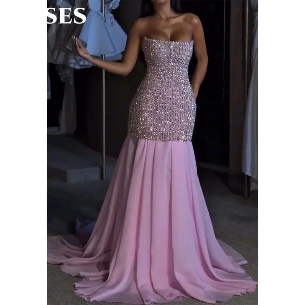 

ROSES Pink Evening Dress Strapless Sleeveless Formal Gown Mermaid Night Dresses with Crystal Prom Dresses Gorgeous Customized