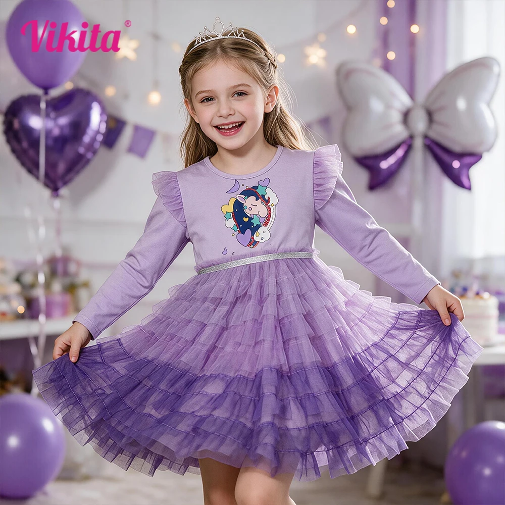 VIKITA Girls Light Blue Long Sleeve Dress with Sparkling Sequined Bow Kids Glitter Star Tulle Mesh Layered Princess Tutu Dresses