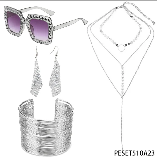 

PESENAR 70s Disco Set Diamond Cut Sunglasses Metal Coil Bracelet Layered Necklace Triple Swirl Disco Earrings