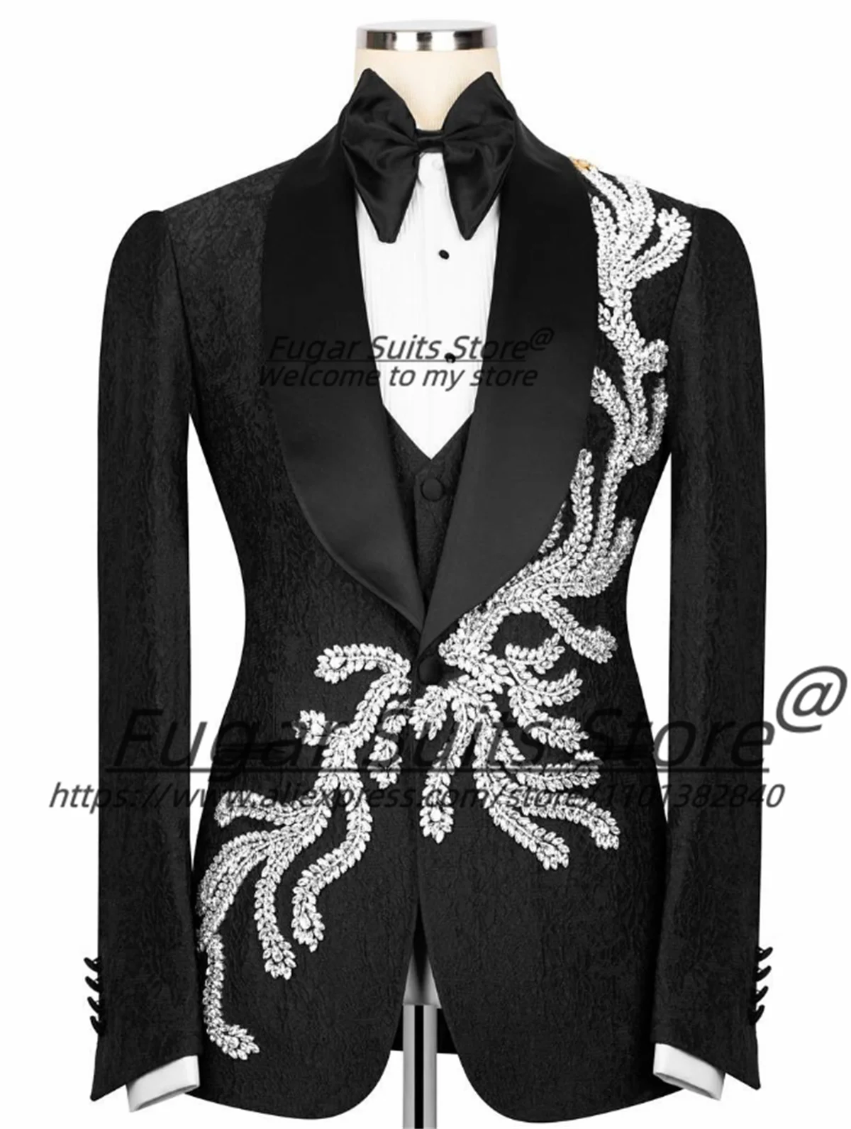 

Luxuly Black Jacquard Men Suits Customized Slim Fit Shawl Lapel groom Wedding Tuxedos 3 Pcs Sets Male Prom Blazers Costume Homme