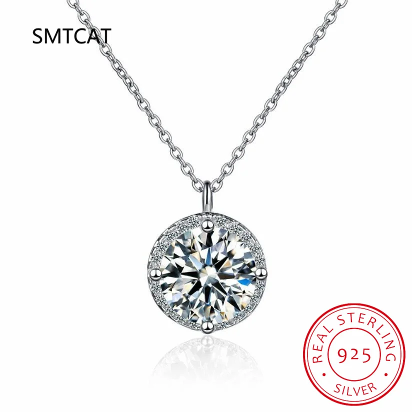 925 Sterling Silver Round Halo Moissanite Necklace, White Gold Plated Classic Elegant Diamond Necklace Engagement Jewellry Gift