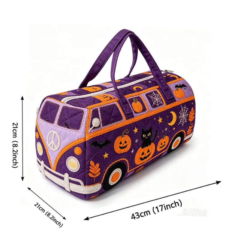 Halloween Vintage Bus Duffle Bag Pumpkin Black Cat Travel Overnight Bag Large Capacity Handbag Spider Web Moon Girls Luggage Bag