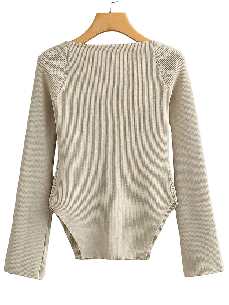 PAILETE Women 2023 fashion asymmetric knit sweater vintage square neck long sleeve female pullovers chic tops