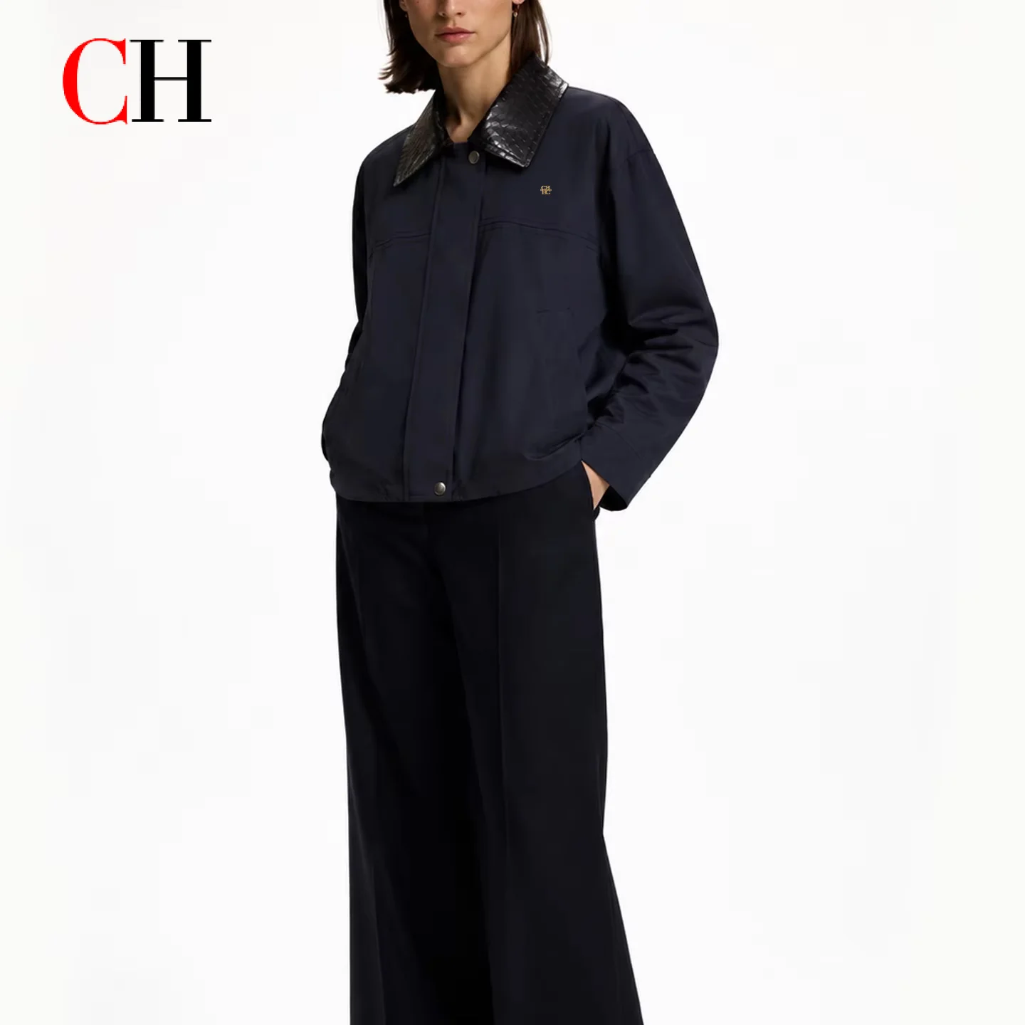 CH Contrast Woven Texture Collar Cropped Jacket Hidden Snap Button Placket Patch Pockets Drop Shoulder Casual Women Outerwear