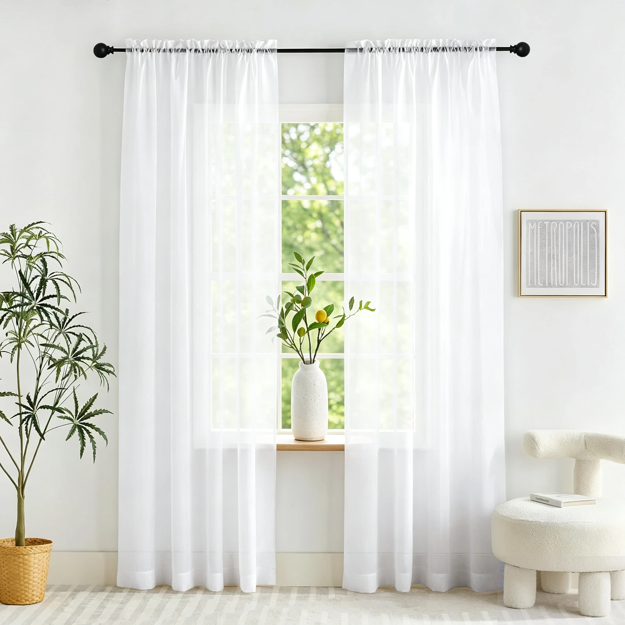 Solid White Voile Curtains Pair Net Drapes Semi Transparent Rod Pocket Curtain Panel Modern Living Room Bedroom Decoration