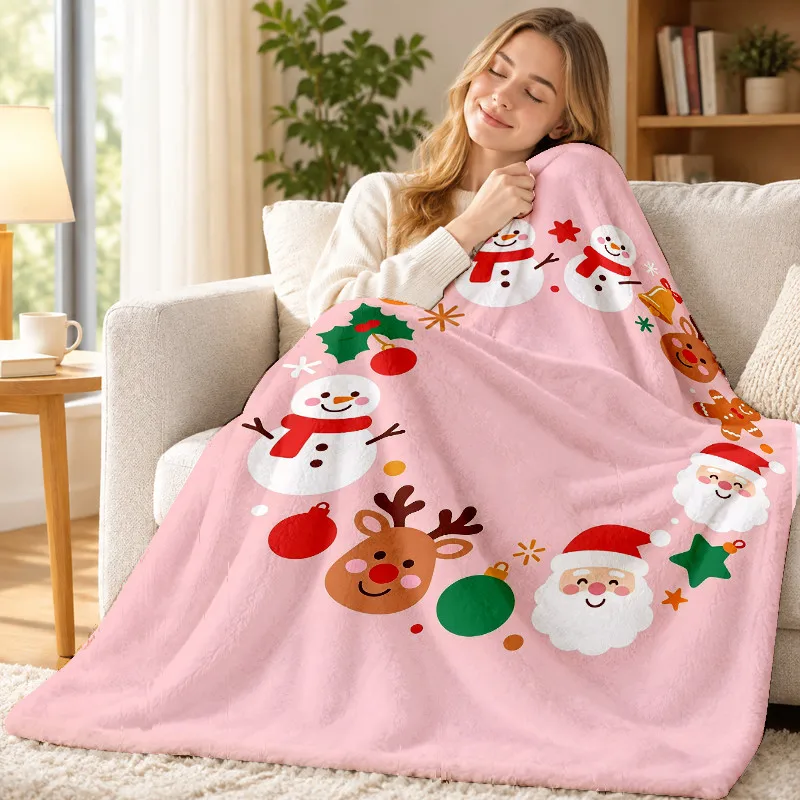 Cute Xmas Throw Blanket Santa Snowman Reindeer Gingerbread Bauble Print Soft Flannel for Kids Room Sofa Lap Holiday Decor Gift