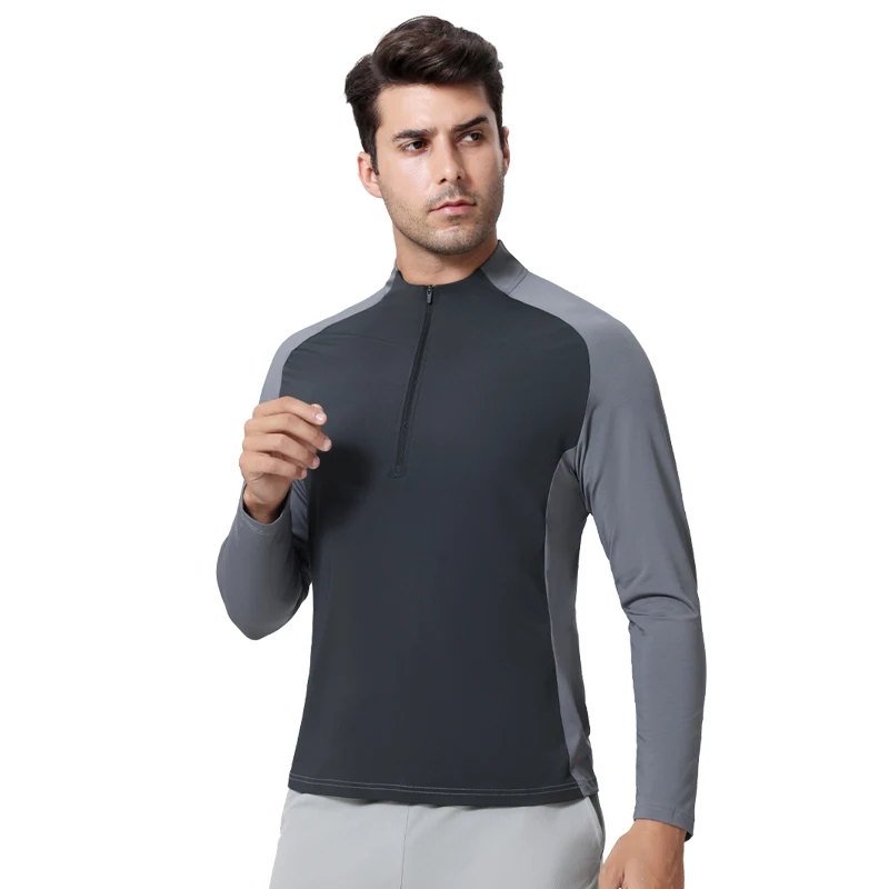 

Men Sports Half Zip Long Sleeve Elastic Running Gym Quick Dry Compression Shirts Breathable Jogging Training Patchwork Nylon Tee