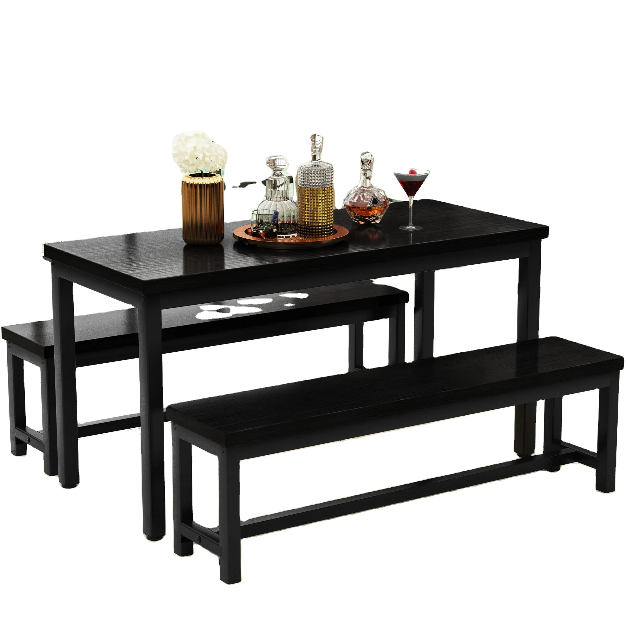 Modern three-piece dining table set kitchen dining table with two benches metal frame and pantry paneling