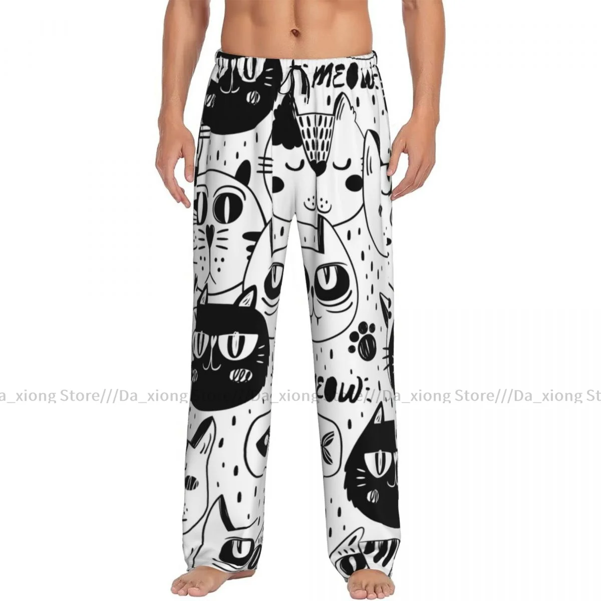 Pijama informal para hombre, pantalones de dormir con caras de gato, holgados, cómodos, ropa de dormir