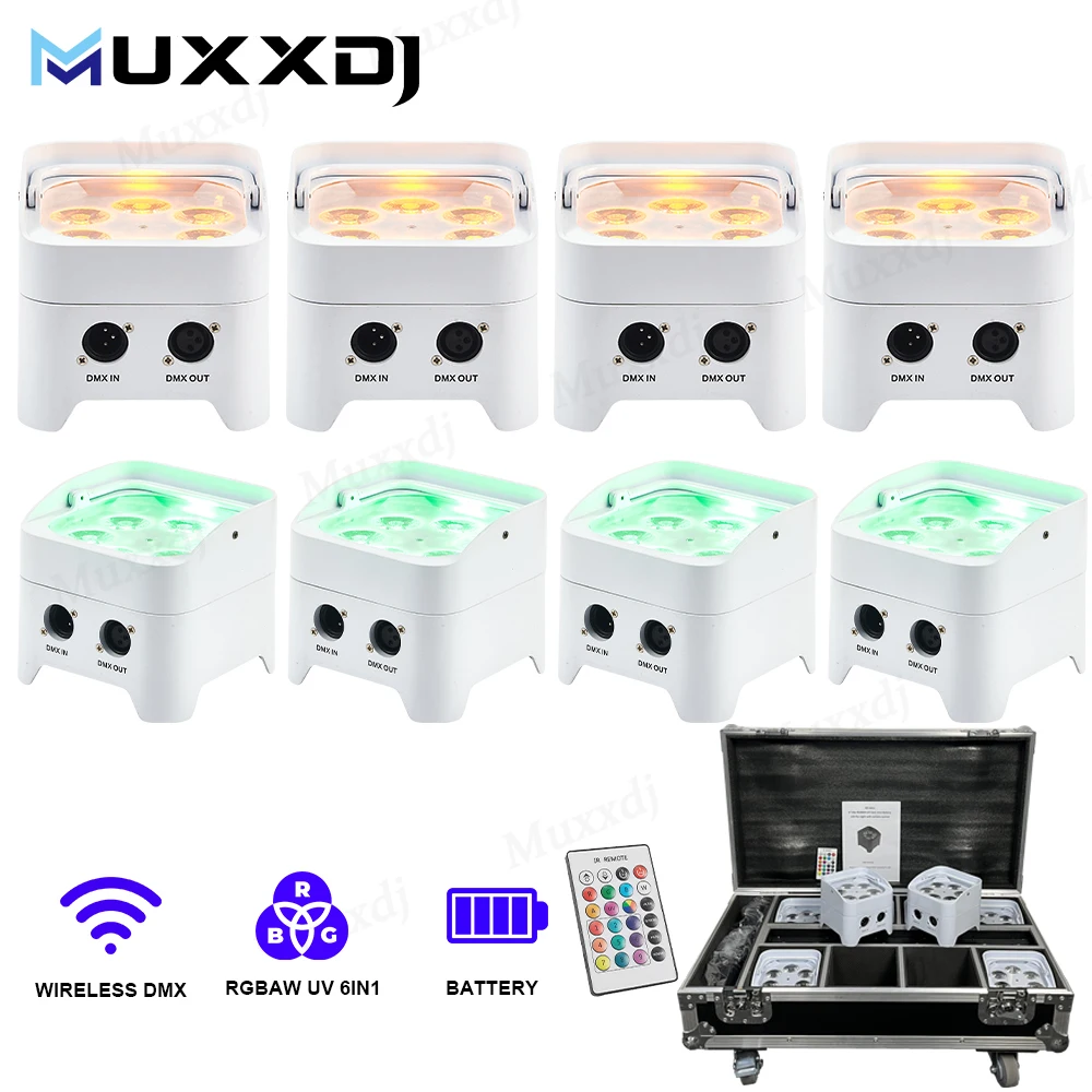 MUXXDJ 6*18W Mini S6 Wireless RGBWA Uv Uplight DMX LED Battery Powered Uplight for Wedding Party