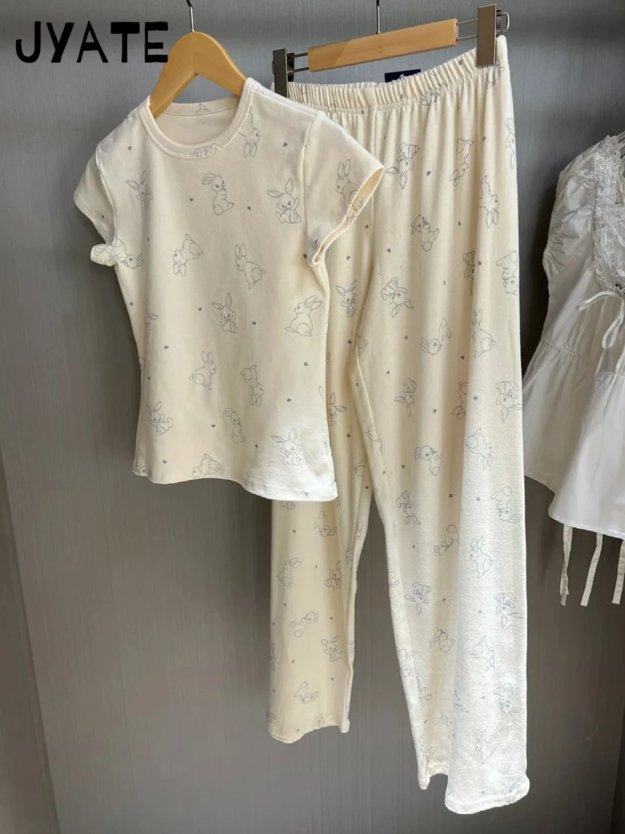 Rabbit Print T-shirts+Eyelet Long Pant Women Summer New Cotton Casual Pajama 2 Piece Set Sweet Cute Vintage Trouser Two Sets Y2K