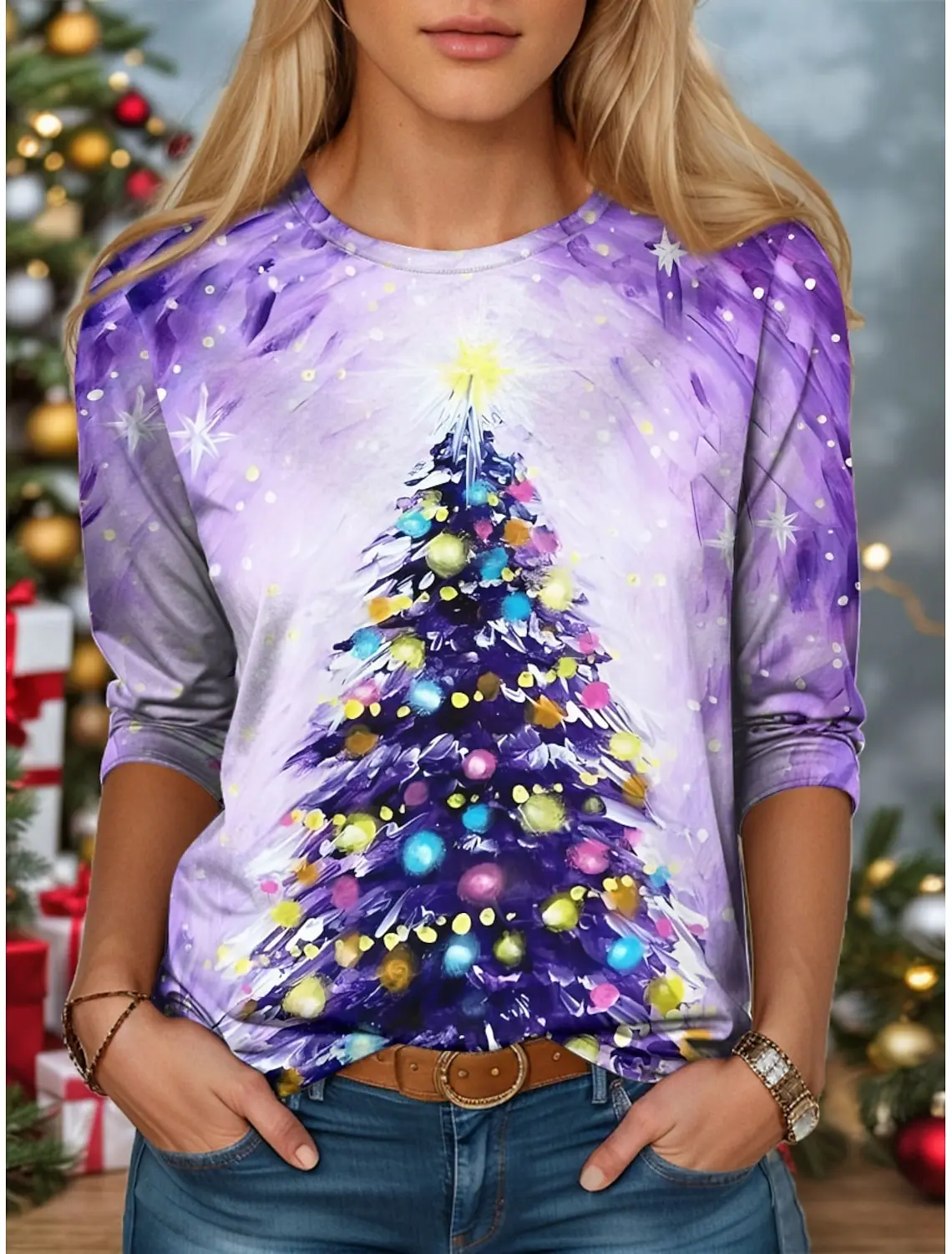 Christmas Theme 3D Print Trees O-Neck Long Sleeve T-Shirt Fashion Womens Clothing Casual Y2K Clothes Harajuku Female Clothing