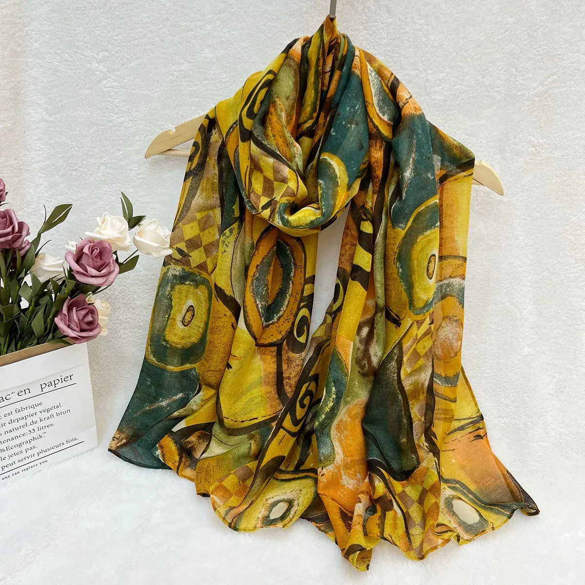 Women Bohemian Style Scarf Colorful Circle Printed Shawl Lightweight Breathable Sun Protection Windproof Wrap