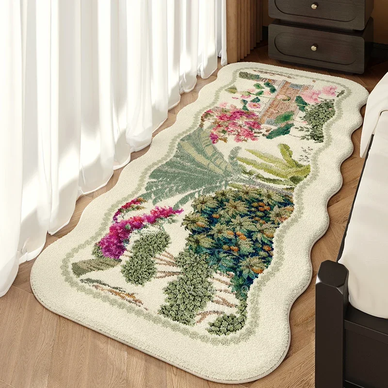 Bedroom Bedside Carpet Non-slip Soft Comfortable Floor Mat French Retro Green Plants Pattern Rug wave Long Home Decoration Mats