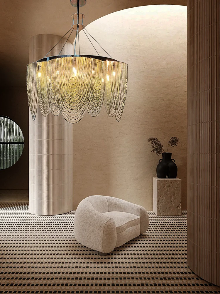 

Novel Art European Designer Hanging Lamp Postmodern Chrome Golden Chain Chandeliers Flower Design Ceiling Lighting Fixture