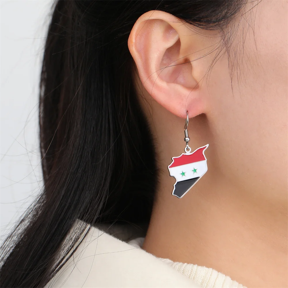 EUEAVAN Enamel Syria Map Pendent Dangle Earrings for Women Stainless Steel Trendy Syrian Flag Ethnic Jewelry Gifts pendientes