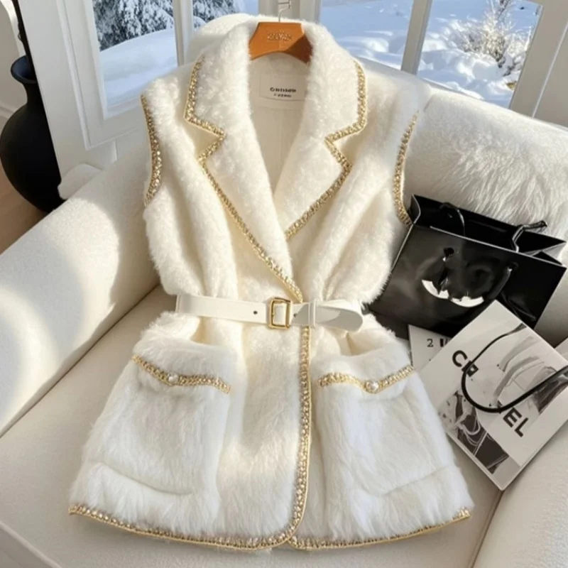 

Winter High Quality Thicken Fur Hair Blazers Vest Jacket Luxury Golden Silk Edge Women Elegant White Sleeveless Coat Formal Lady