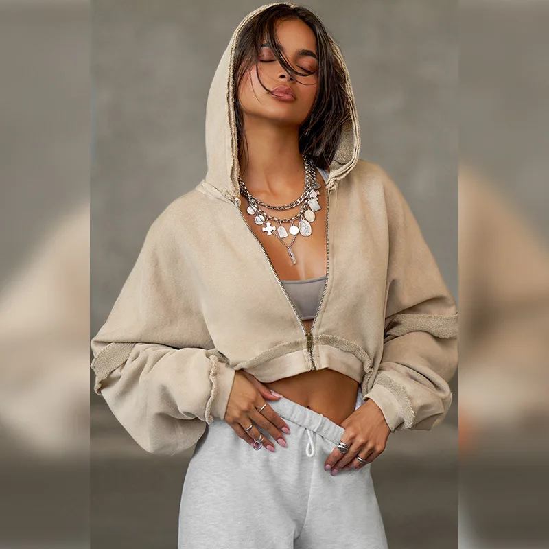 Women's ort Hoodie Sweatirt Vintage Frayed Belly Baring Long Sve Autumn Winter  Color Organic Cotton Blend