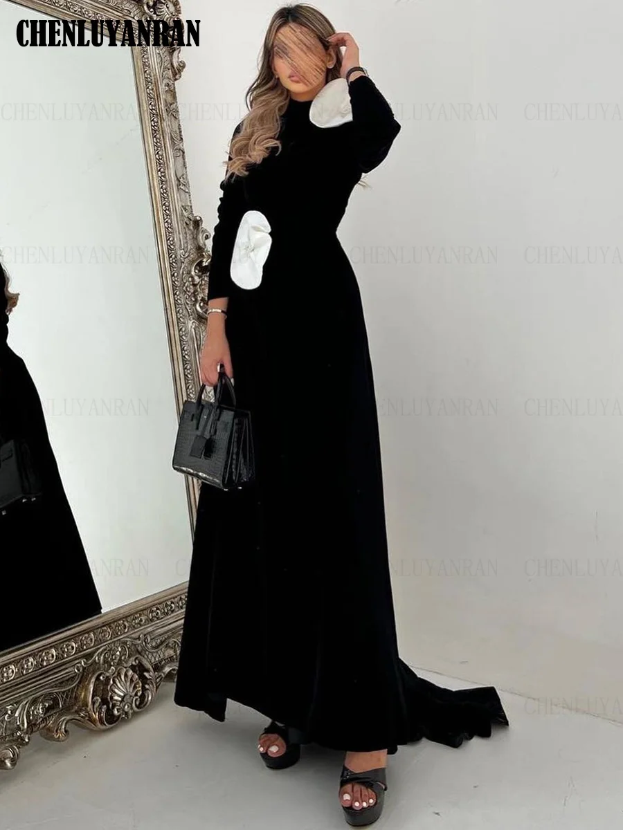 Velour Black Formal Occasion Dresses 2023 High Neck Elegant Ball Gowns Full Sleeves A-line Evening Party Gowns فساتين الحفلات