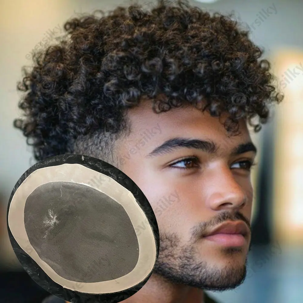 8mm Afro Man Toupee Kinky Curly Black Brown Human Hair African American Men's Wigs Durable Mono Lace with PU Around Hair System