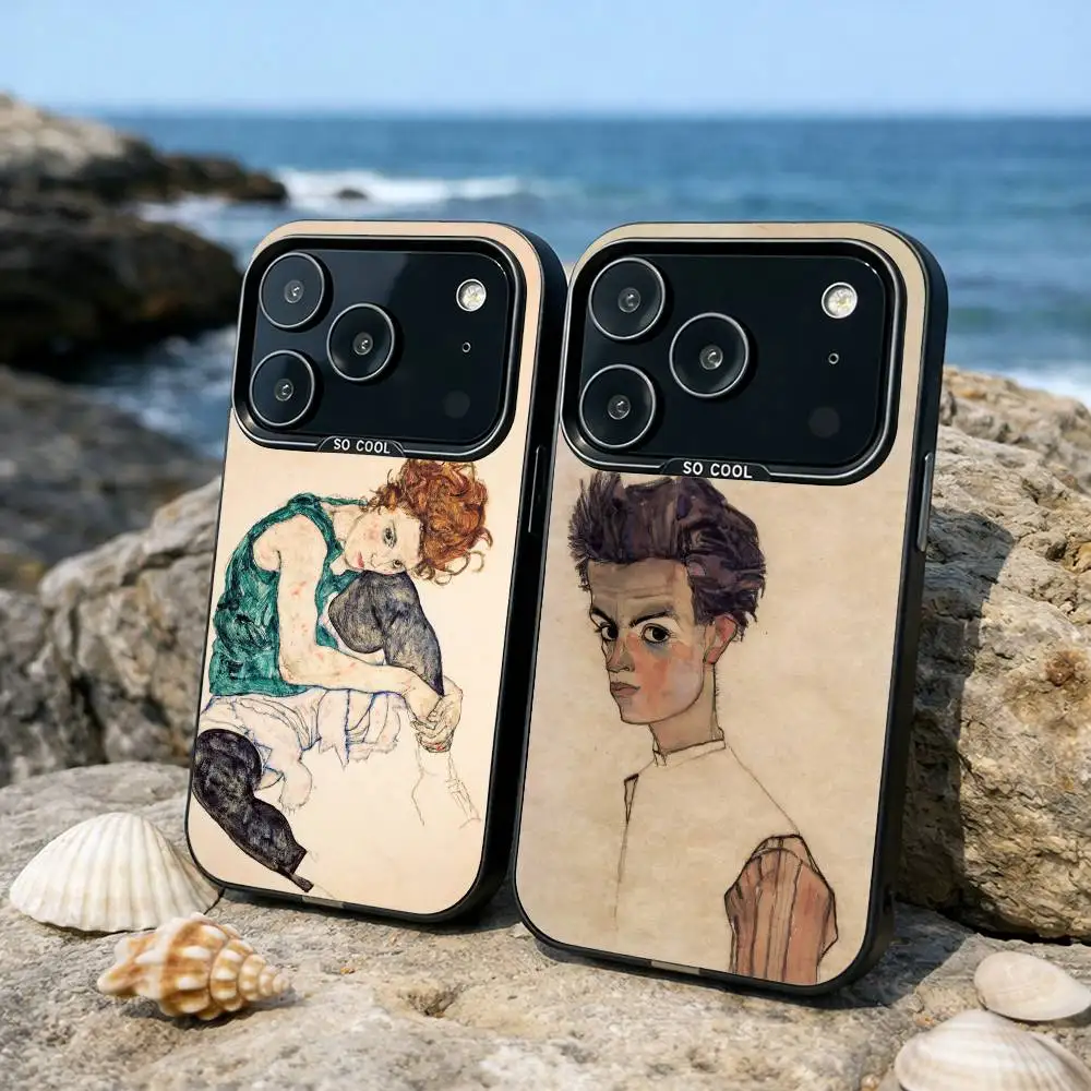 

E-Egon S-Schiele Phone Case For iPhone17 16 15 14 13 12 Pro Max Grey Black Matte Laser Metallic Aurora Funda