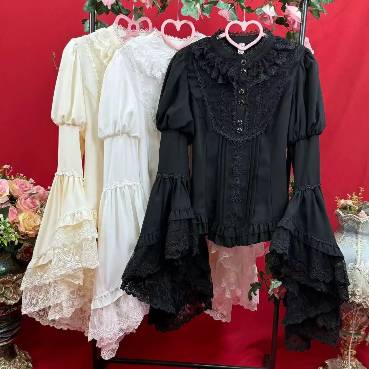 

The Dark Ages Lolita Shirt Retro Palace Style Lace Large Sleeve Tops Vintage Banquet Halloween Cosplay Standing Collar Base Wear