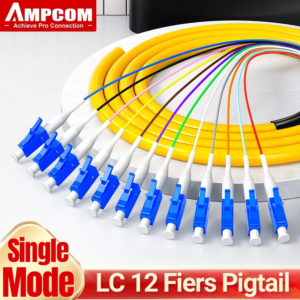 

AMPCOM Fiber Optic Pigtail Assemblies, 12 Fibers LC Single Mode 9/125μm LSZH UPC 12-bundle Pigtails for Fusion Splice Tray 1.5m