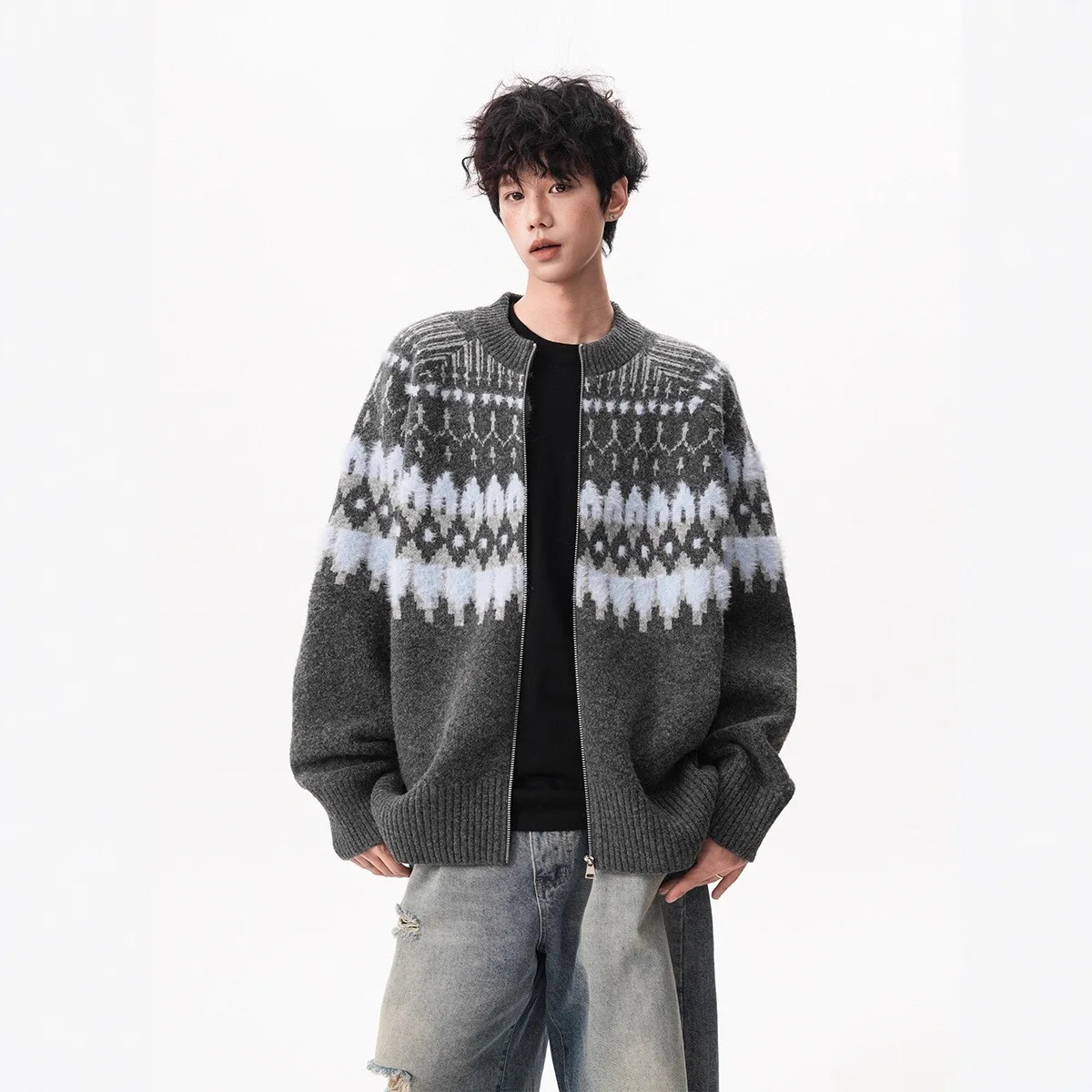 

Jacquard Color-Block Cardigan Sweater Unisex Winter Trendy Brand Versatile Loose Lazy Style Couple Knitted Jacket