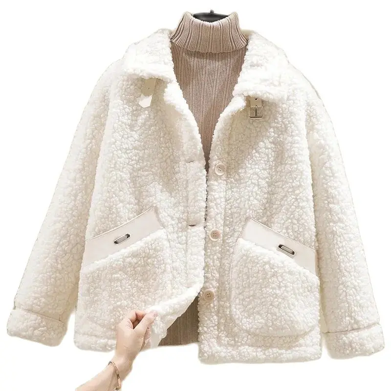 Thick Lamb Wool Coat Women Jacket 2022 Winter New Single Breasted Loose Grain Velvet Pocket Fur All-in-one Short Cardigan Female