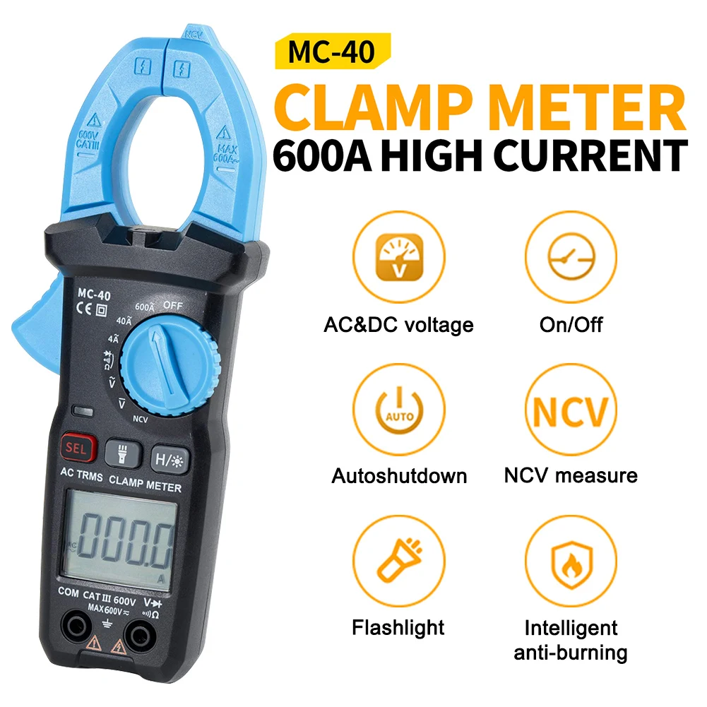 

FNIRSI MC-40 Clamp Meter Digital Multimeter AC DC Voltage 600V AC 600A Diode NCV Ohm Test 6000 Counts True RMS Auto Range