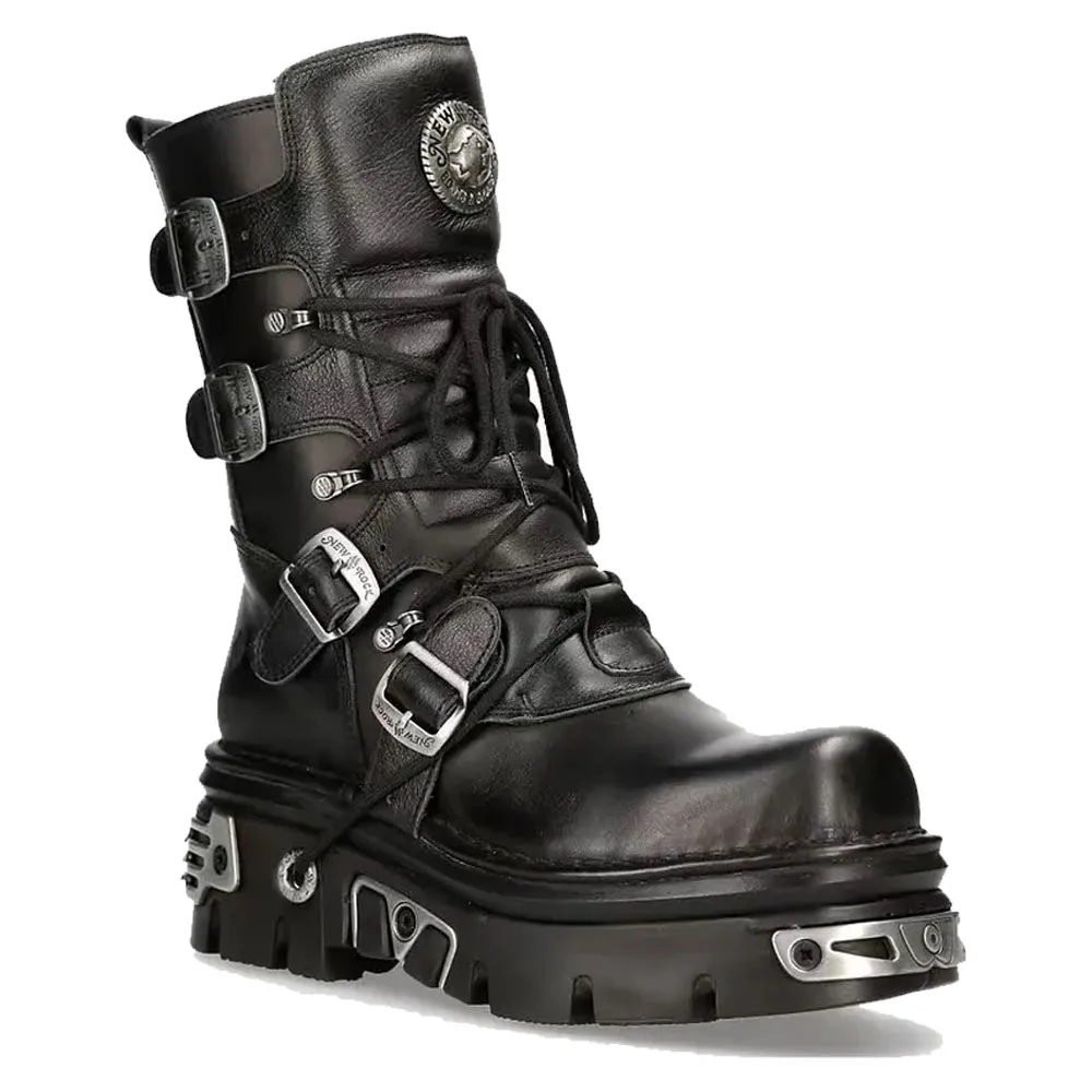 Novo masculino punk botas de motocicleta metal salto grosso goth crânio fivela meados de bezerro botas de combate zíper dedo do pé redondo botas