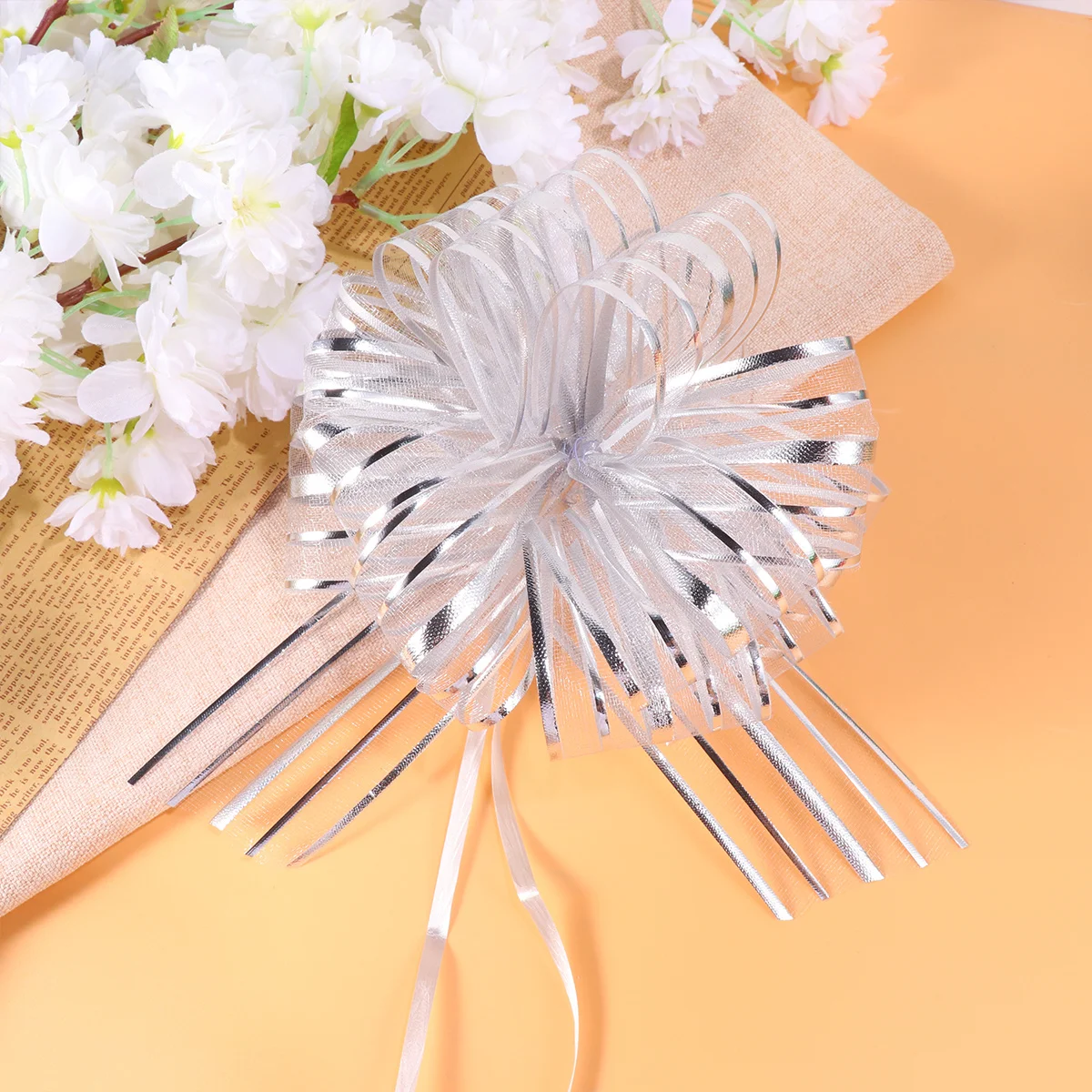 

10Pcs Hand Pull Bows Wedding Gift Decor Silver Delicate Pattern Thick Stable Large Christmas Gifts Baskets Decor