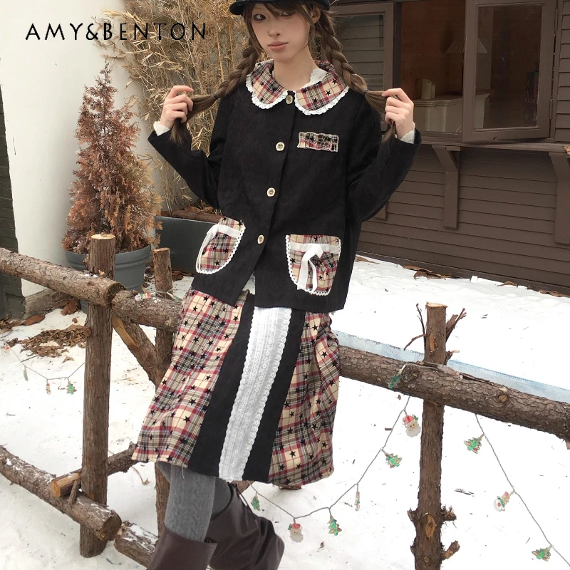 

Original Design College Splicing Women's Suit 2025 Winter New Vintage British Knee-length Skirt Sweet Cool Skirts Sets Ladies