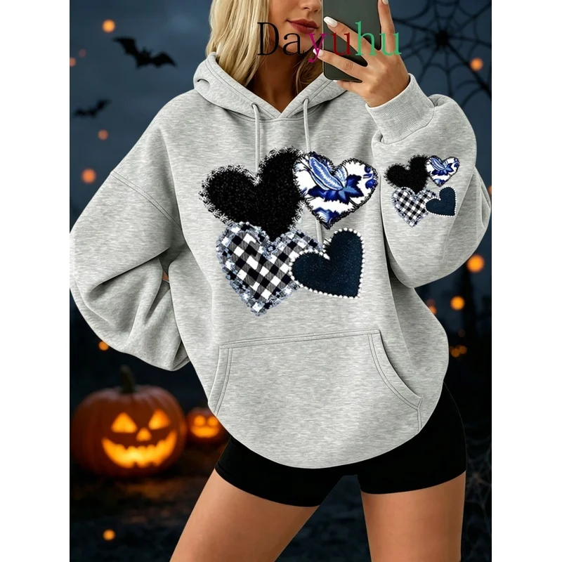 Aesthetic Y2k Streetwear Pullover Hoodie Halloween Sequin Heart Patchwork Print Autumn Winter Daily Street Wear Outdoor