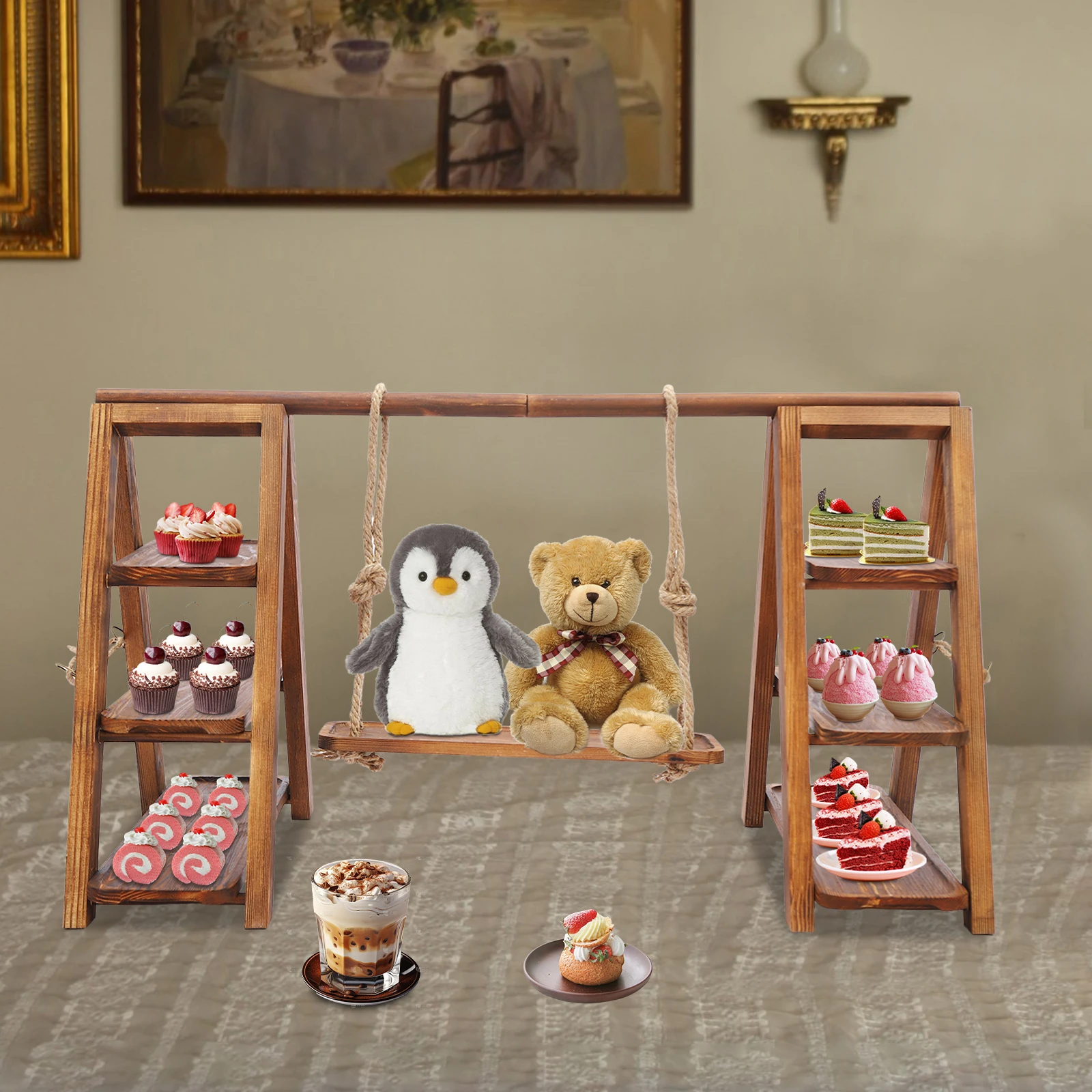 

3-story Ladder Wooden Dessert Rack Party Cake Display Rack with 6 Trays Design Sense Bracket with Decorative Swing