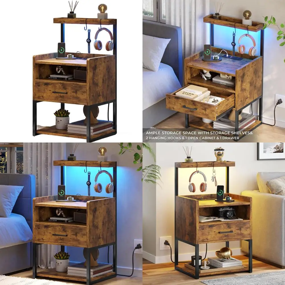 

Коричневая тумбочка в деревенском стиле с зарядной станцией, светодиодной подсветкой и ящиком для спальни или офиса