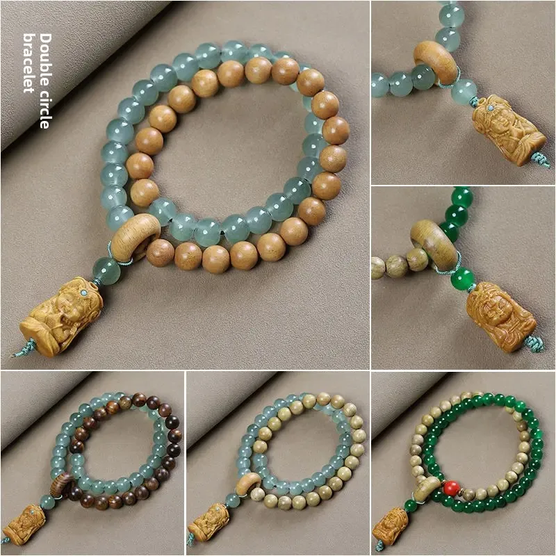 Natural Sandalwood Milk Fragrance Wood Stitching Jade Double Circle Bracelet HandString Carving TuMu Pendant WenPlay Buddha Bead