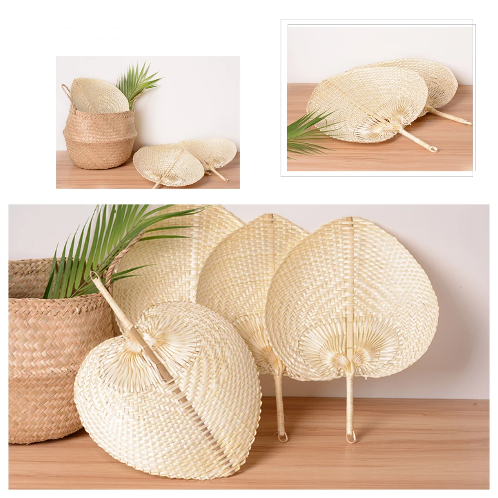 Chinese Style Handmade Straw Fan Hand-Woven Palm Leaf Hand Woven Heart Shaped Fan Summer Cooling Mosquito Repellent Hand Fans