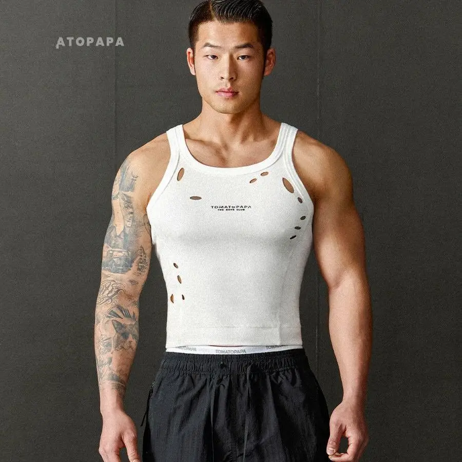 2025 Brand American Vest Spring and Summer New Slim-fit Custom Burning Holes Show Body Training Fitness Sports Men Tank Tops