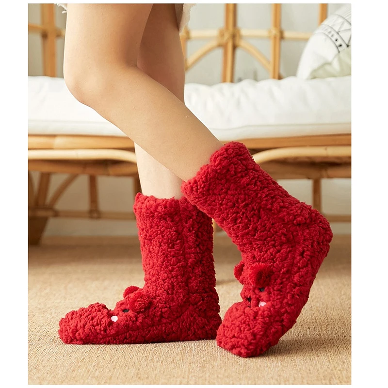 Thermal Socks Fluffy Women Winter Warm Plush Soft Female Silicone Anti Slip Non Kawaii Funny Cute Bear Short Fuzzy Socks Casual