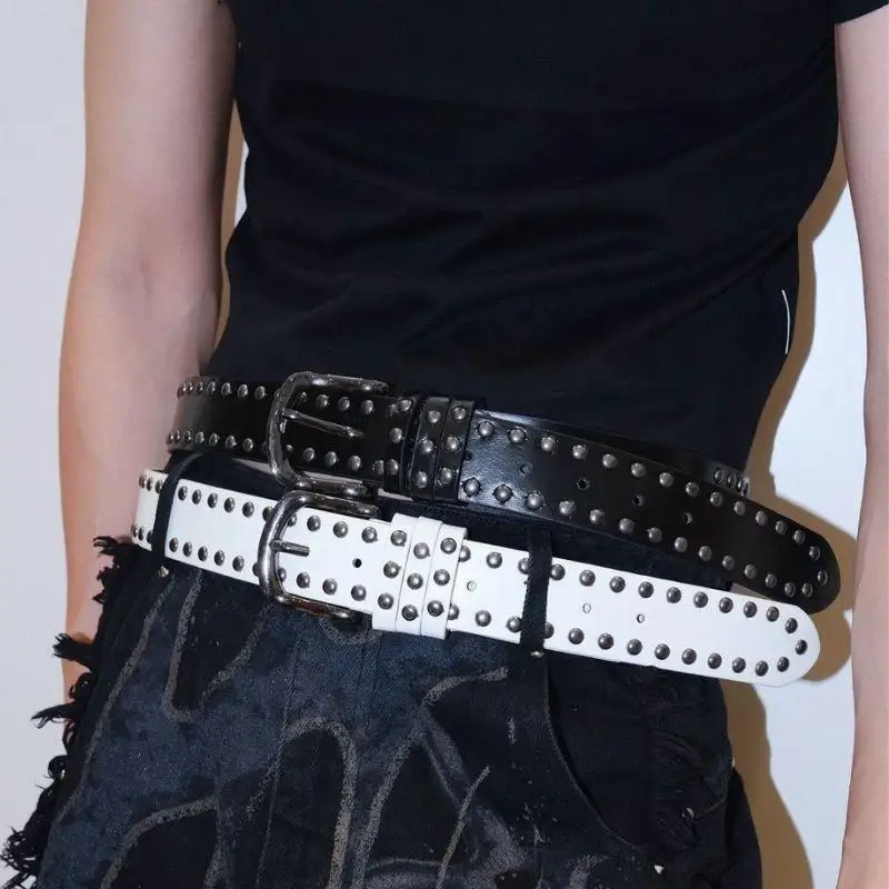 

New Ladies Punk Style Double-row Rivets Belt Wide Belt Fashion Rivet Casual With Jeans Belts For Women Luxury Designer Brand