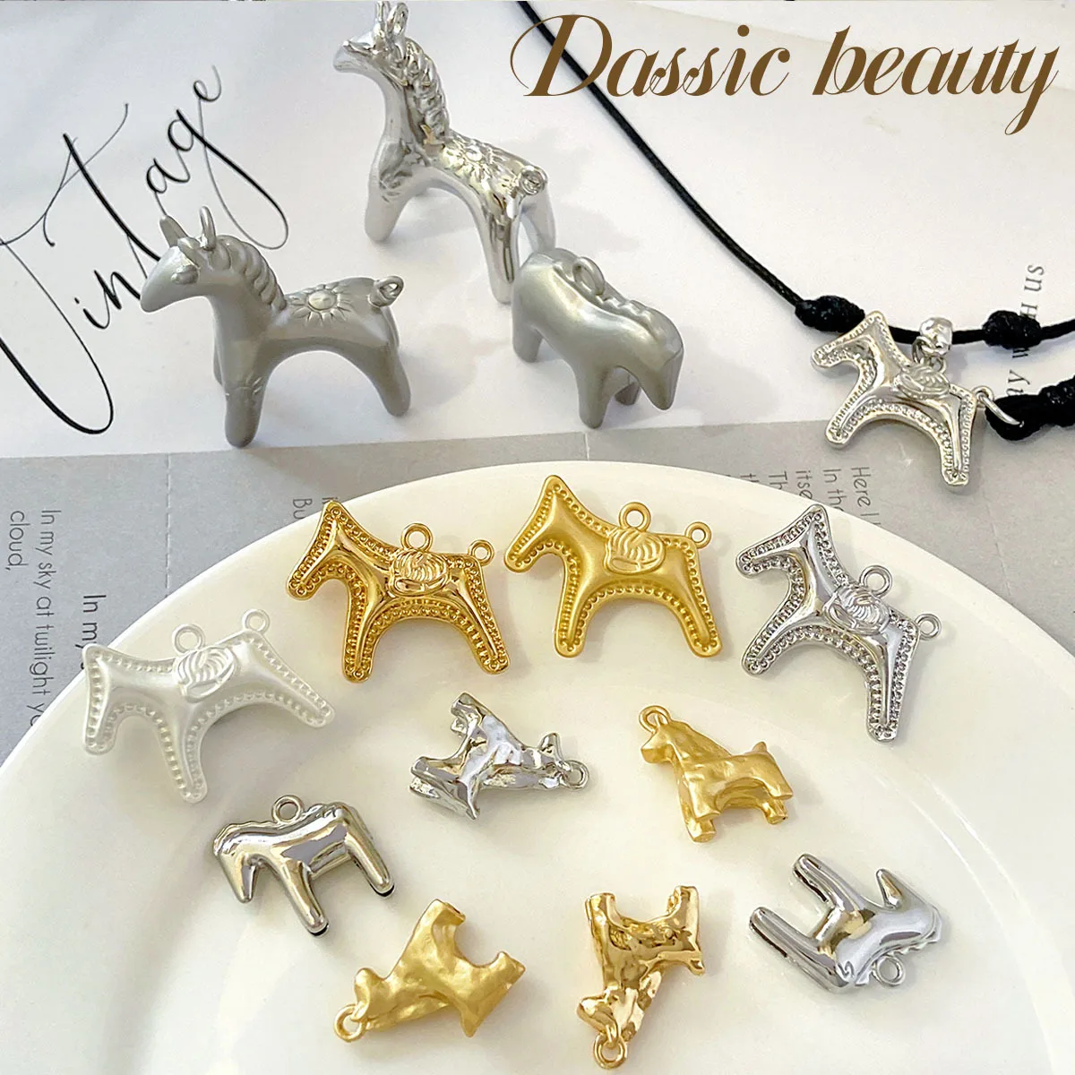 

5PCS Gold and Silver Pony Pendant Collection Handmade DIY Beaded Necklace Bracelet Earrings Pendant Accessories