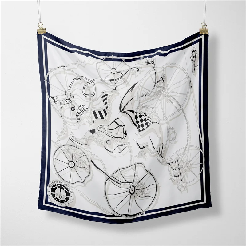 Twill Silk Scarf Woman Carriage Wheel Print Square Scarves Wraps Bandana Small Hijab Silk Foulards Tie Headband Neckerchief 53CM