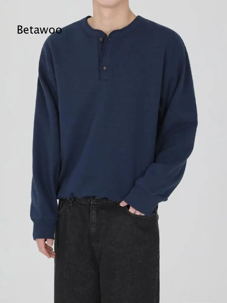 Old Money Style Henley Sweatshirt For Men Autumn Loose Versatile Inner Top Korean Trendy Pullover Garment For Daily Casual Matc